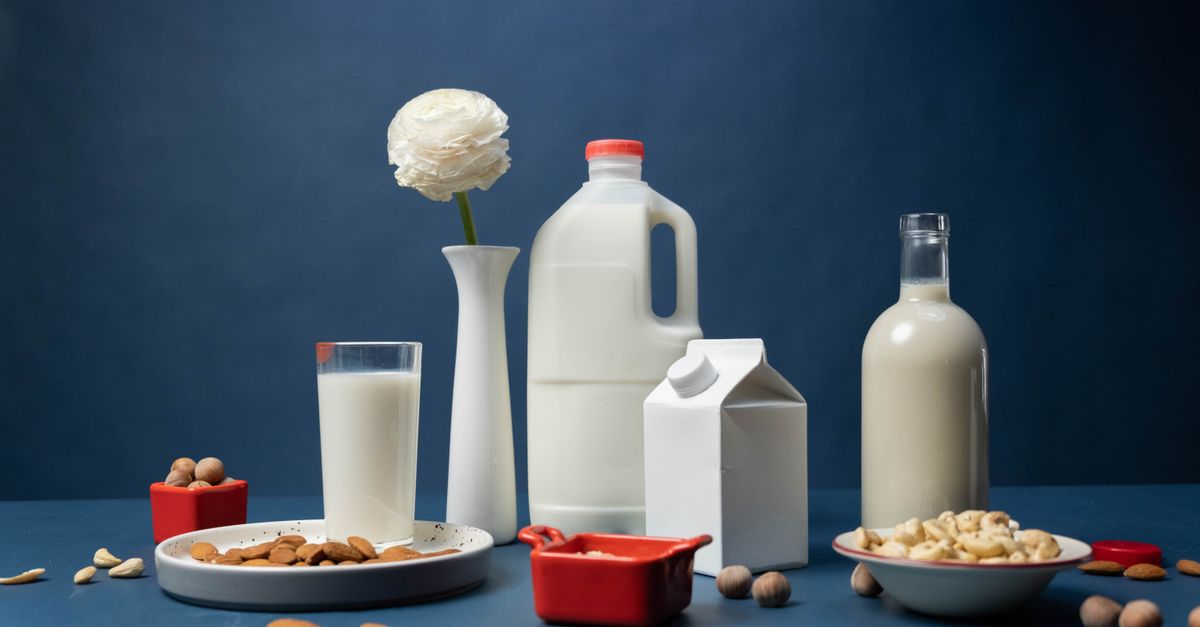 Still life of assorted vegan nut milks with nuts and decorative flower in studio.